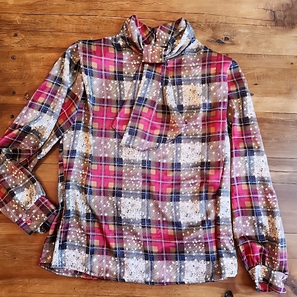 Vintage Blouse Size 12 With Shoulder Pads Plaid Satin By Sophisticated